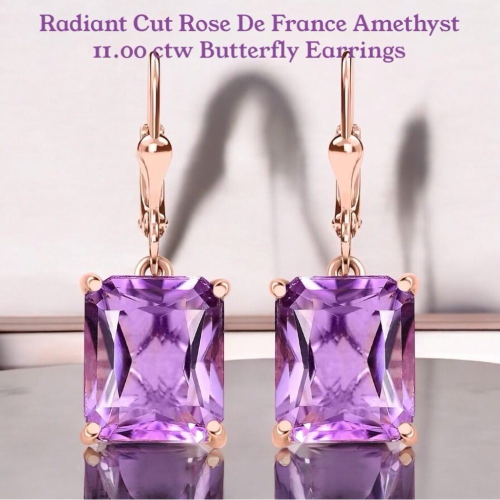 Radiant Cut Rose De France Amethyst 11.00ctw Butterfly Earrings in RG & 925 SS